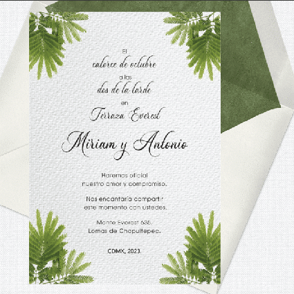 Invitación para boda civil estilo tropical con hojas en las esquinas